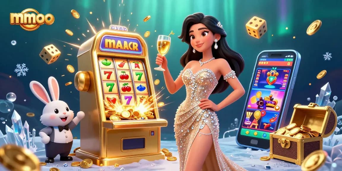 Experience thrilling gameplay with mmoo as a glamorous woman toasts beside a golden jackpot.