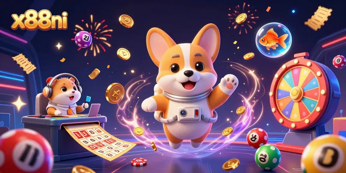 Experience the excitement of x88ni in a vivid space casino with an astronaut corgi and mission-control hamster.