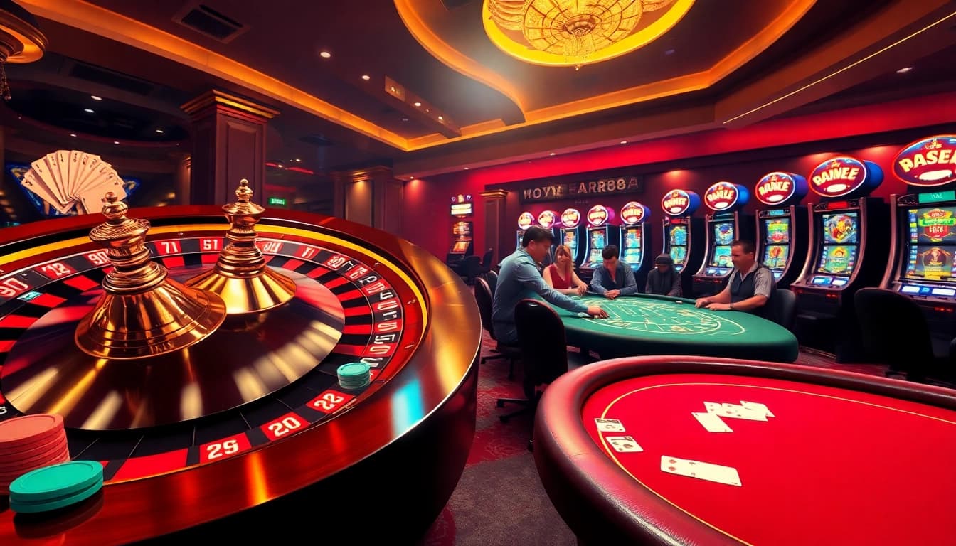 RR88 engaging scene with poker chips, roulette wheel, and vibrant slot machines.
