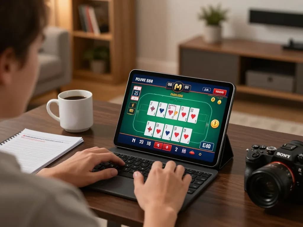 EE88 online casino gaming on a tablet with engaging poker game interface in a cozy home setting.