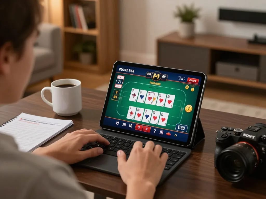 EE88 online casino gaming on a tablet with engaging poker game interface in a cozy home setting.