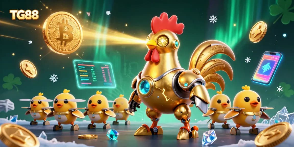 Engage with TG88's vibrant gaming scene featuring a golden rooster robot amidst crypto elements.