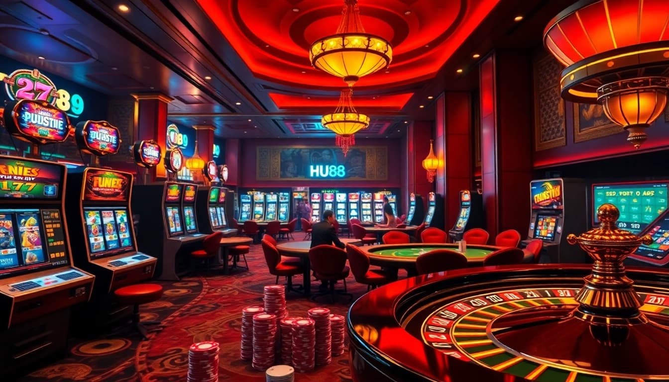 Experience excitement at HU88 casino with vibrant slot machines and intense poker games.