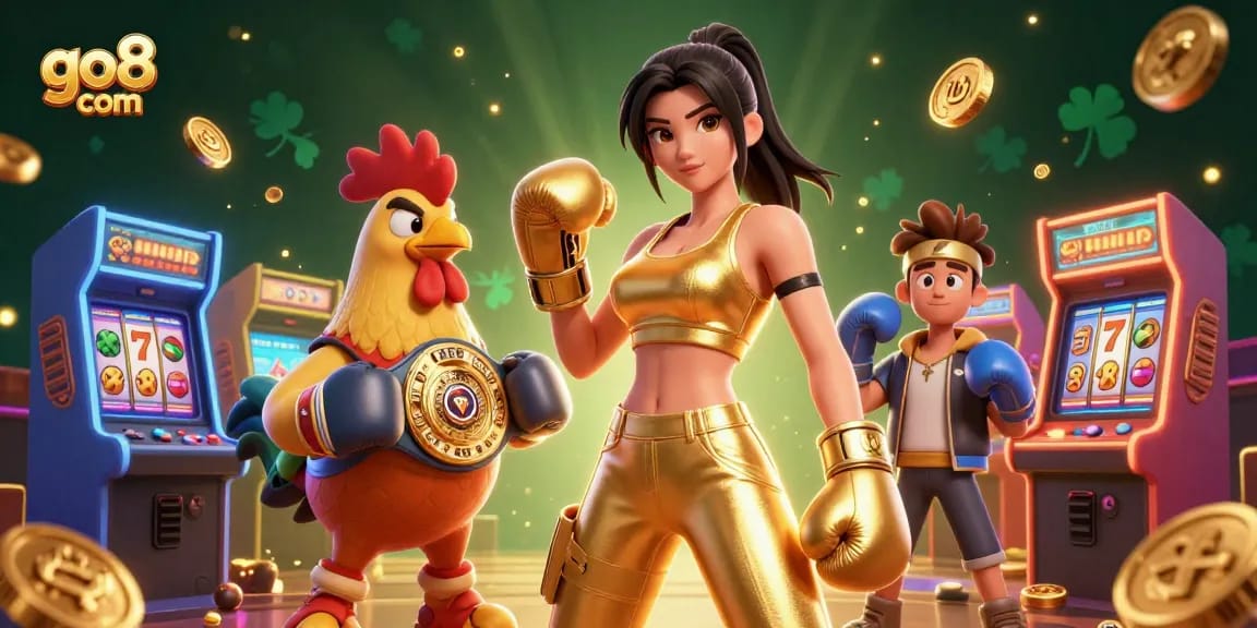 Engage at go8 com with dynamic casino excitement featuring a powerful woman and a boxing rooster.