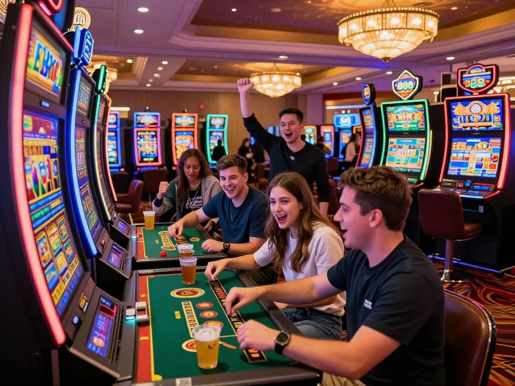 Exciting casino scene featuring friends playing Lucky 88 slots at https://lucky88.foo/ amidst colorful gaming lights.