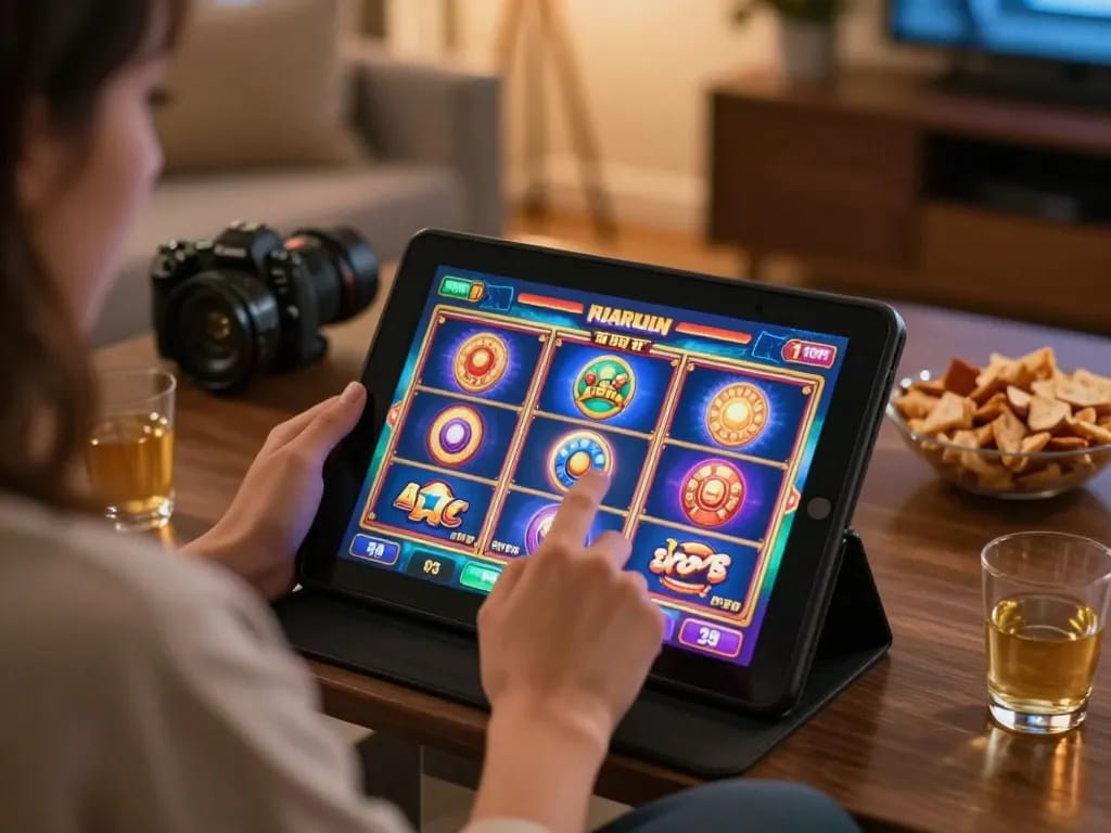 TG88 user enjoying online slot games in a cozy living room, engaging with tablet under warm lighting