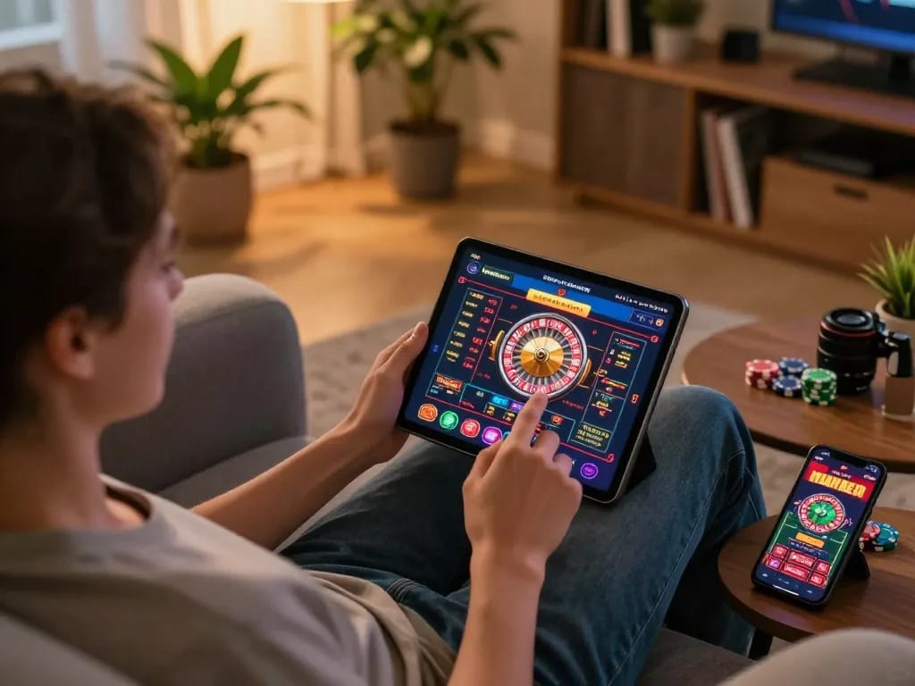 Engaging in a sunwin online casino experience with a roulette game displayed on a tablet in a cozy living room setting.
