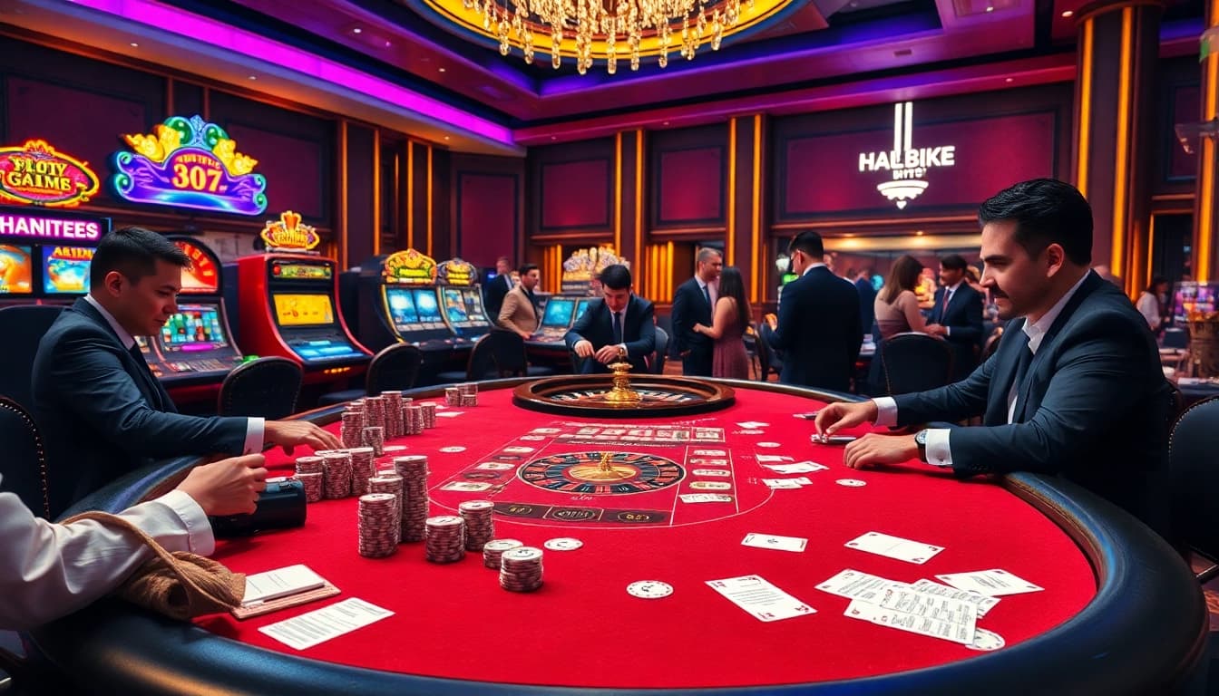 Experience the thrill at hm88.bike with luxurious casino visuals showcasing poker tables and vibrant slot machines.