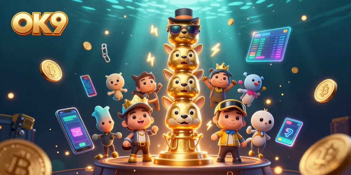 Spin the reels at OK9 casino with a vibrant 3D cartoon scene filled with crypto coins and lively totem.