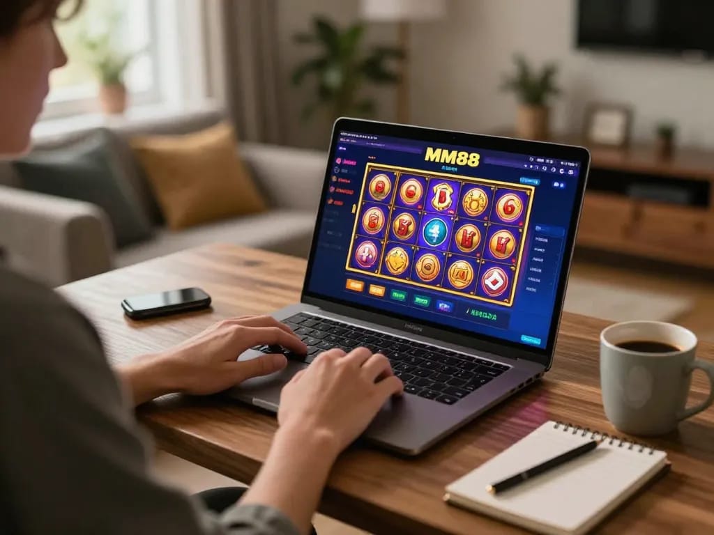 Engaged player using MM88 casino app during a cozy home gaming session, focusing on the slot game.