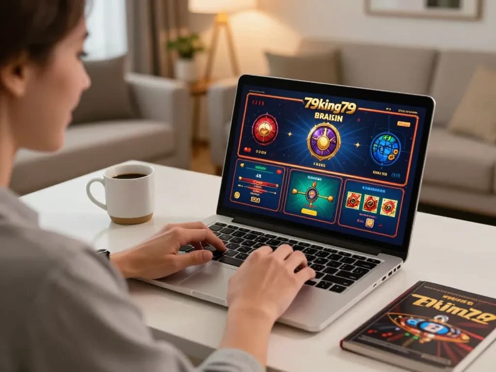 Engaging with online casino games on 79king79 with a stylish setup, featuring laptop and strategy notes.