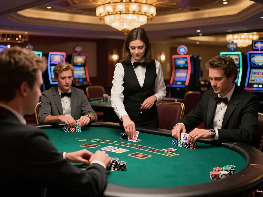 Players engaged at a high-stakes blackjack table in a luxurious casino, showing vb88 excitement and strategic gameplay.