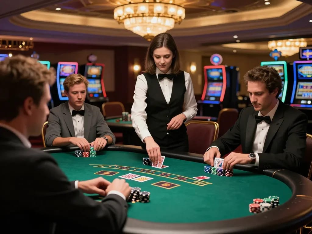 Players engaged at a high-stakes blackjack table in a luxurious casino, showing vb88 excitement and strategic gameplay.