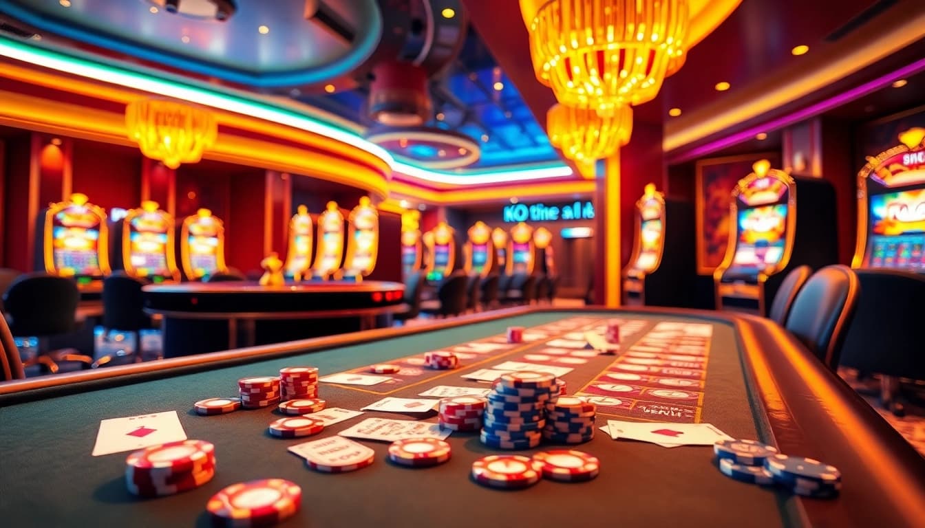 Người chơi KO66 tận hưởng khoảnh khắc hồi hộp tại bàn casino cao cấp với những chip poker rực rỡ.