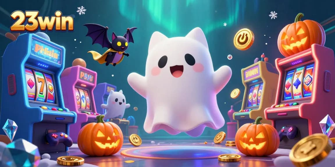 Spin to win with 23win, as the ghost cat and bat navigate a vibrant casino adventure!