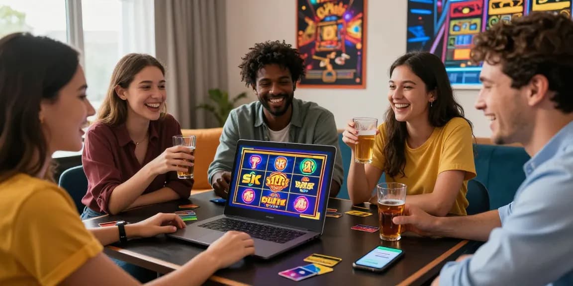 Friends enjoying a credit card casino game at being-there.org.uk with vibrant slot graphics and trusted payment methods.