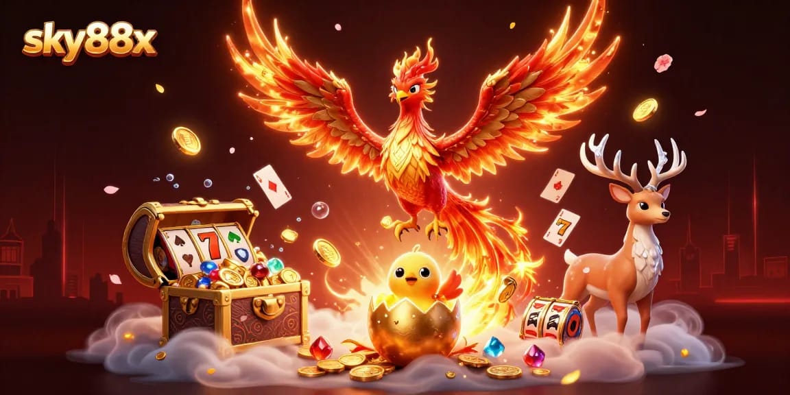 Engage with sky88x in this vibrant casino illustration featuring dynamic slot elements and mythical creatures.