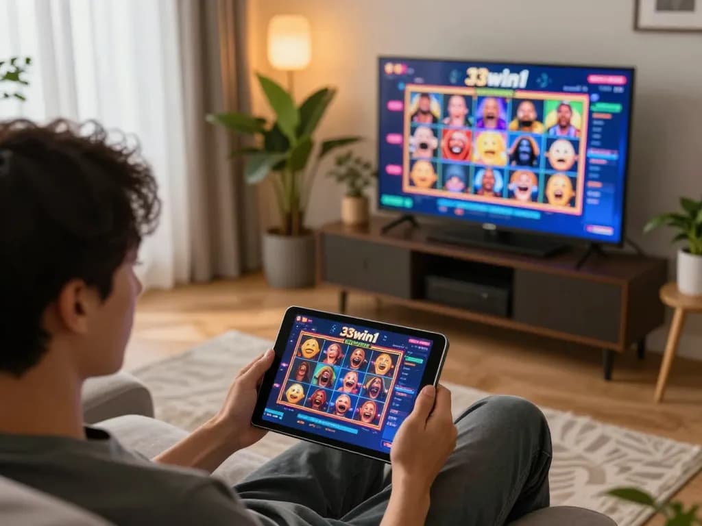 Engaged player enjoying 33win1 online slots on tablet in cozy living room