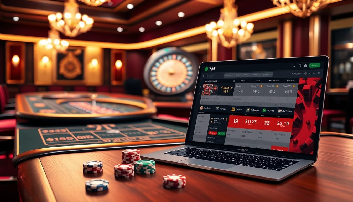 A sophisticated gambling scene highlighting 7M's online betting interface with a classic casino atmosphere.