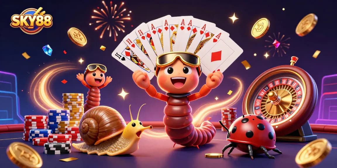 Engage in thrilling gaming with SKY88, featuring vibrant characters and casino elements amidst cascading gold coins.