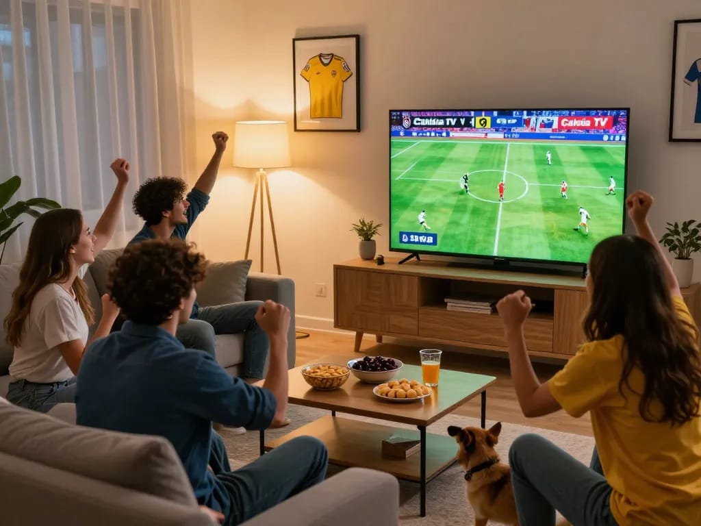Cakhia tv live football match scene with friends enjoying the game together