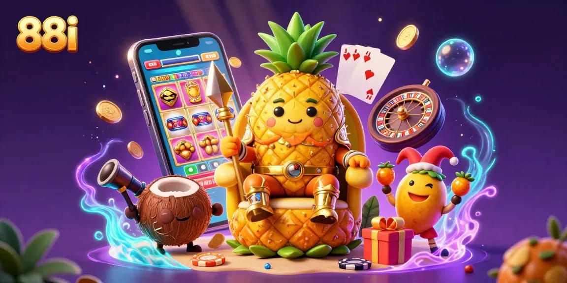 88i's vibrant casino scene illustrating a golden pineapple king and game elements for an exciting gaming experience.