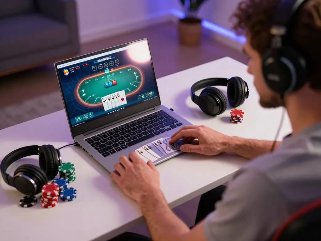 Win138 player analyzing poker strategies on a laptop during an intense online gaming session