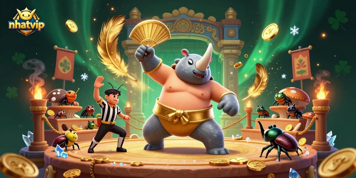 Nhatvip champions in an exciting gaming arena showcase thrilling jackpot moments with golden coins.