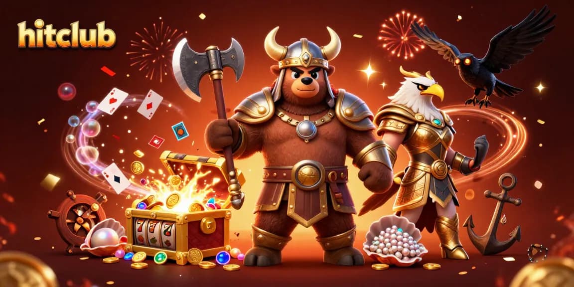 Experience winning with hitclub in a vibrant 3D casino illustration featuring casino games and dynamic characters.