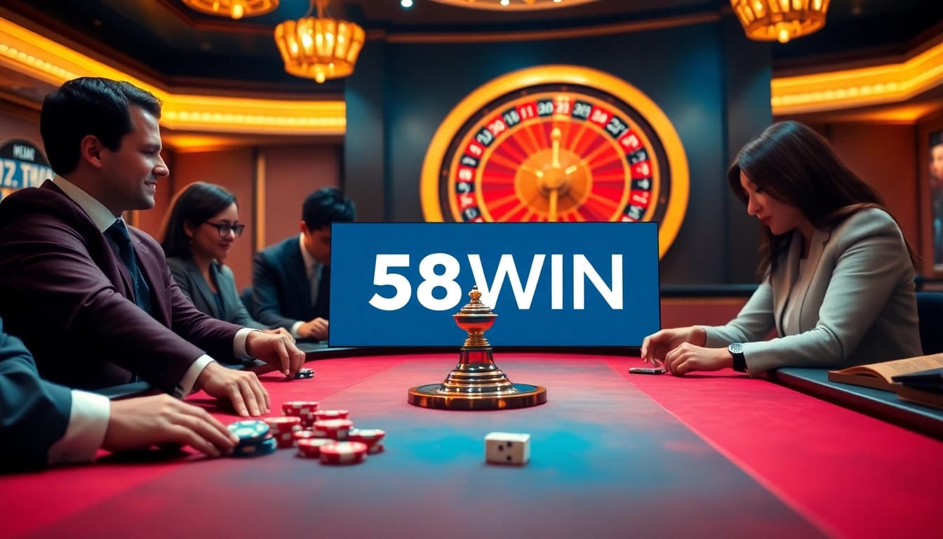 Players engaging in a thrilling casino experience at 58WIN, showcasing a luxurious gaming table and poker chips.