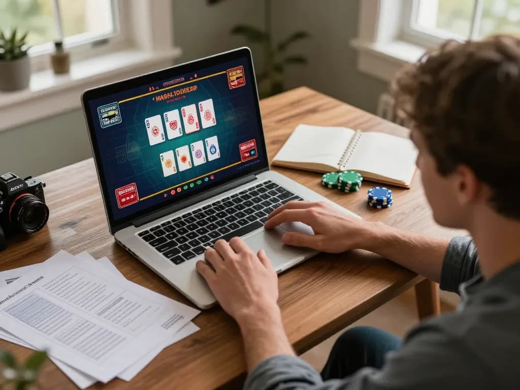 Player enjoying an immersive online casino experience with live dealer games on laptop, showcasing strategic engagement.