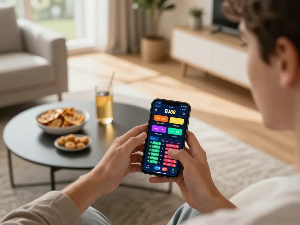 BJ88 user engaging with the sports betting app in a lively home setting, showcasing a modern gaming experience.