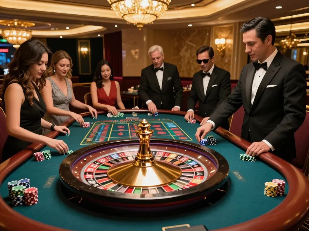 Players betting enthusiastically at a JUN88 roulette table amidst vibrant casino lights.