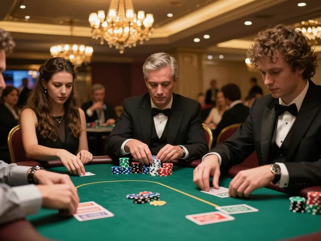 B52Club scene featuring an intense poker game with players focused on their cards and chips, showcasing luxury casino atmosphere.