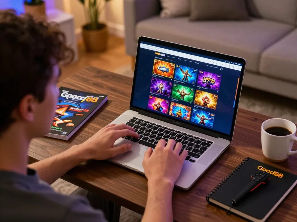Engaging gameplay on Good88 casino platform in cozy home setting