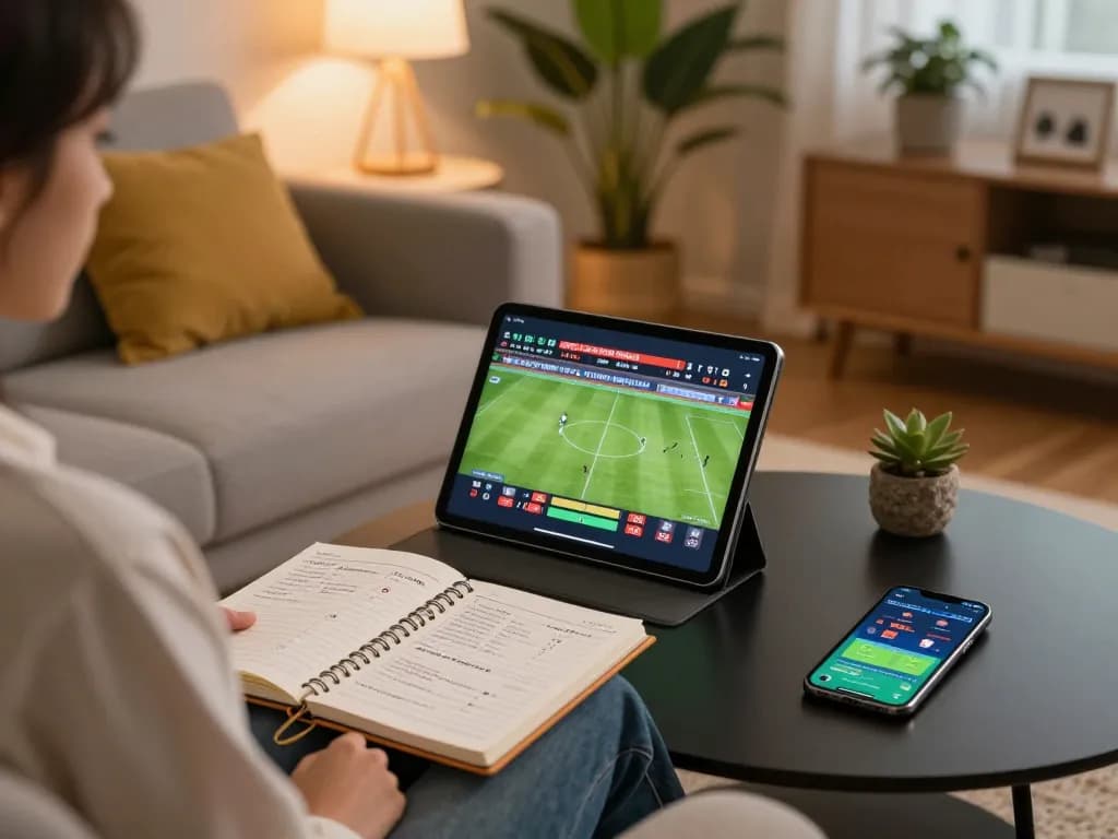 Checking kết quả bóng đá on a tablet, featuring betting strategies and updates for responsible online gambling.