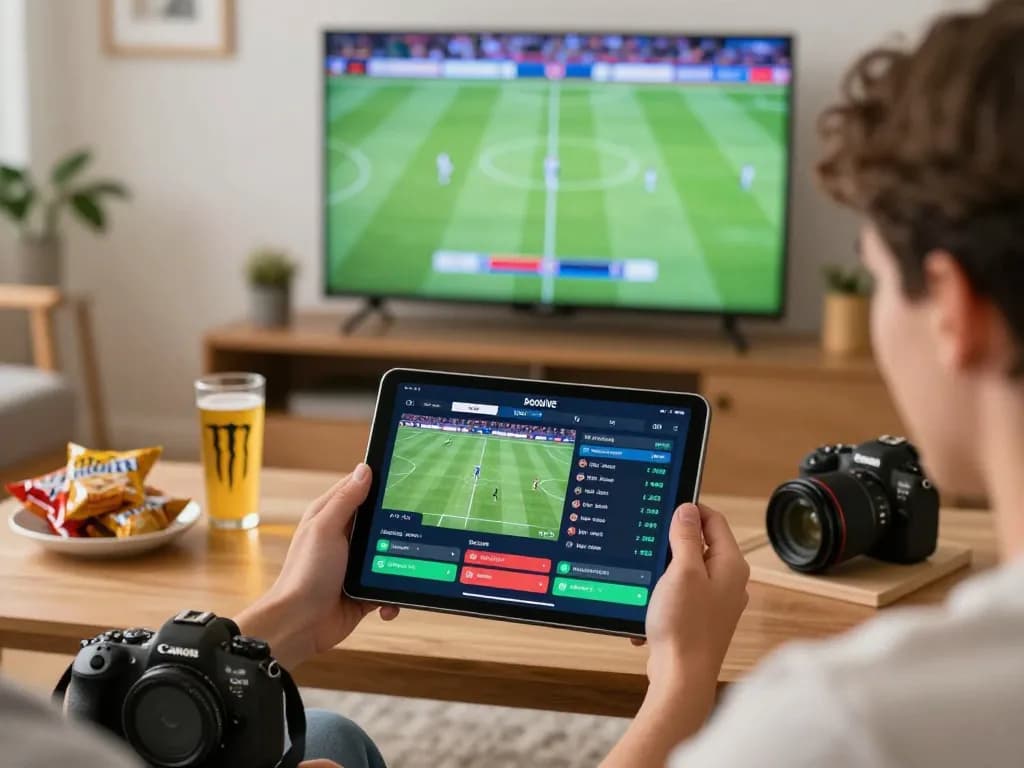 Socolive sports betting experience with enthusiastic user checking live matches on tablet in a cozy home setting.