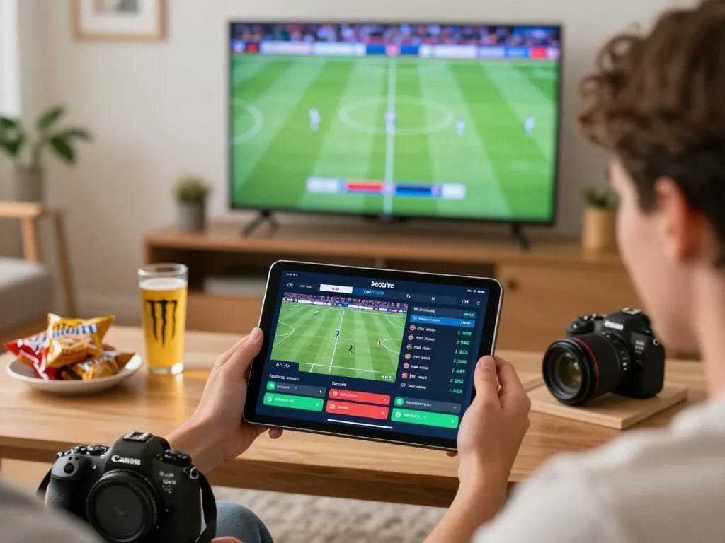Socolive sports betting experience with enthusiastic user checking live matches on tablet in a cozy home setting.