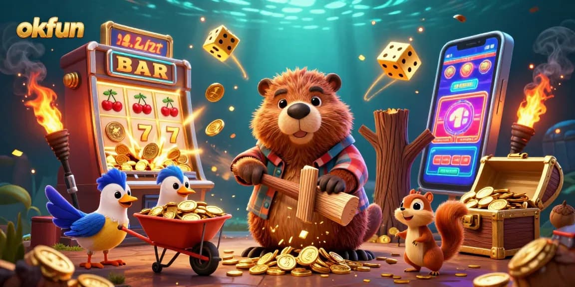 Spin and win with okfun at the vibrant online casino, featuring fun characters and shimmering slot machines.