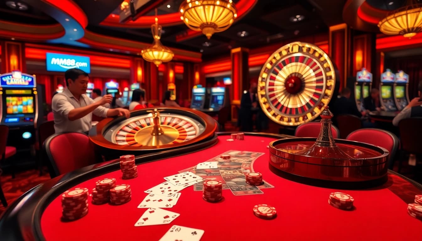 Excited players enjoying a sophisticated gambling night at mm88 com poker and roulette tables.