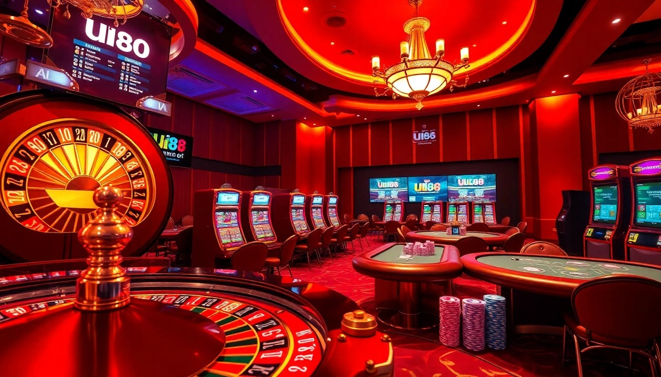 Exciting gambling action at UU88's luxury casino with roulette and poker tables.