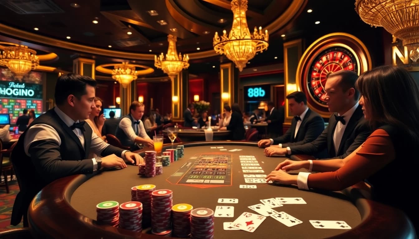 Experience the thrill of poker at 888b, where players engage in high-stakes action amidst a luxurious casino backdrop.