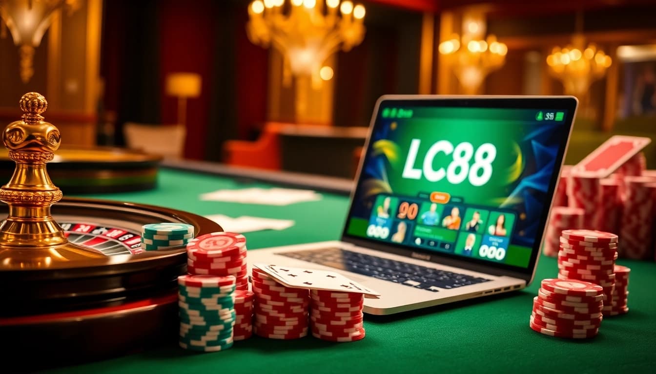 Exciting LC88 game interface with poker chips and playing cards in a vibrant casino setting.
