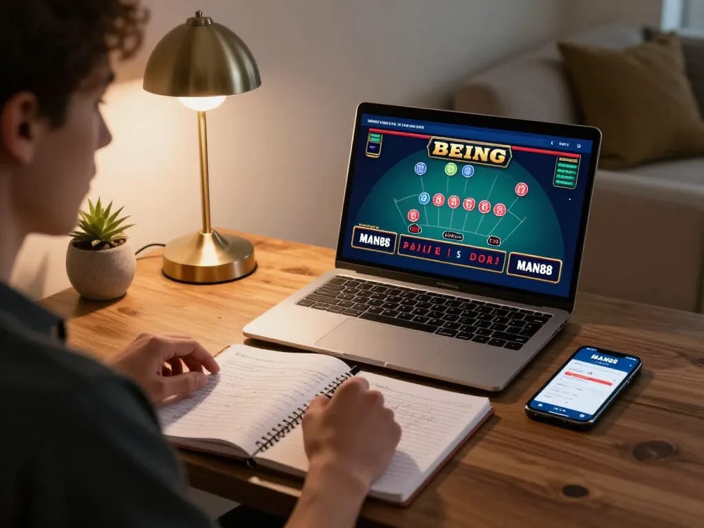 Player strategizing in online blackjack with MAN88 app on smartphone and notes.