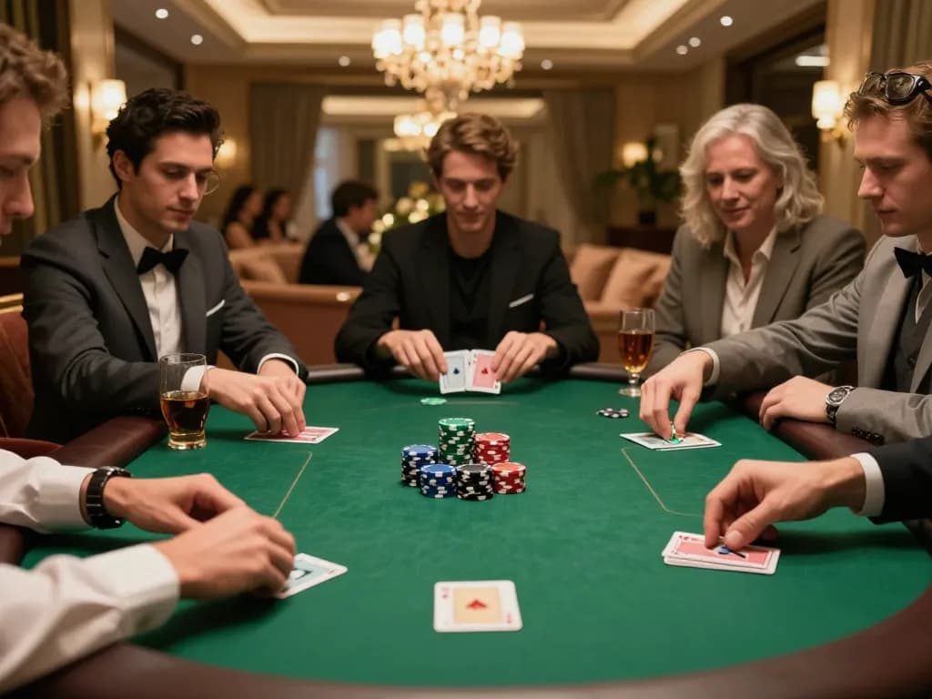 A thrilling poker game at 99ok with players strategizing over chips and cards in a luxurious setting.