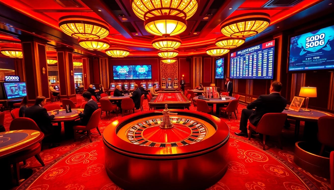 SODO66 players immersed in an exciting gambling experience at a vibrant casino featuring roulette and poker games.