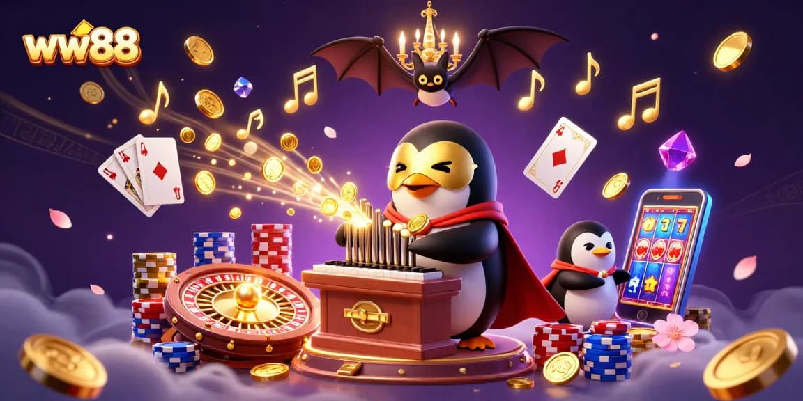 Win big at ww88 with a vibrant 3D casino scene featuring a penguin playing a golden organ and exciting game elements.