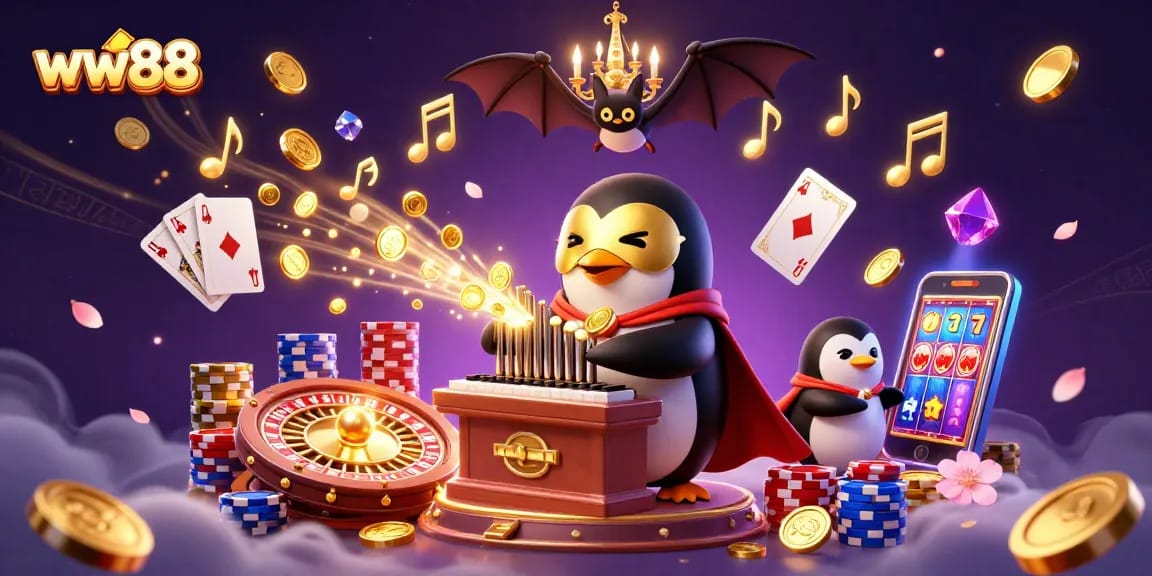 Win big at ww88 with a vibrant 3D casino scene featuring a penguin playing a golden organ and exciting game elements.