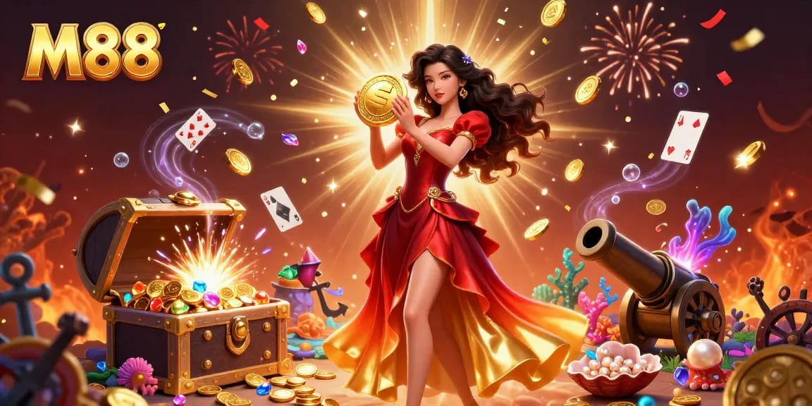 M88's vibrant casino scene showcases a glamorous Asian woman holding a golden coin, surrounded by casino-themed elements.