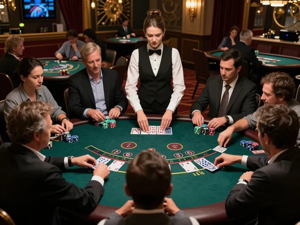 uu88 engaging players at a blackjack table inside a luxurious casino with ambient lighting.